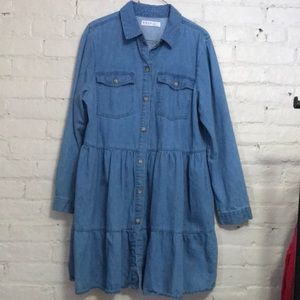 Denim Co. Knee Length Pocket Front Tier Skirt Long Sleeve Dress